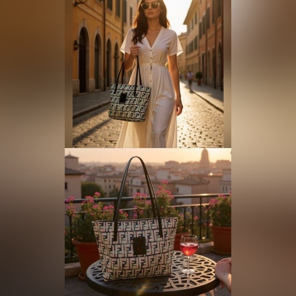 FENDI Authentic Zucca Multi-Color Canvas Tote Bag Navy Green Tan - Picture 4 of 13